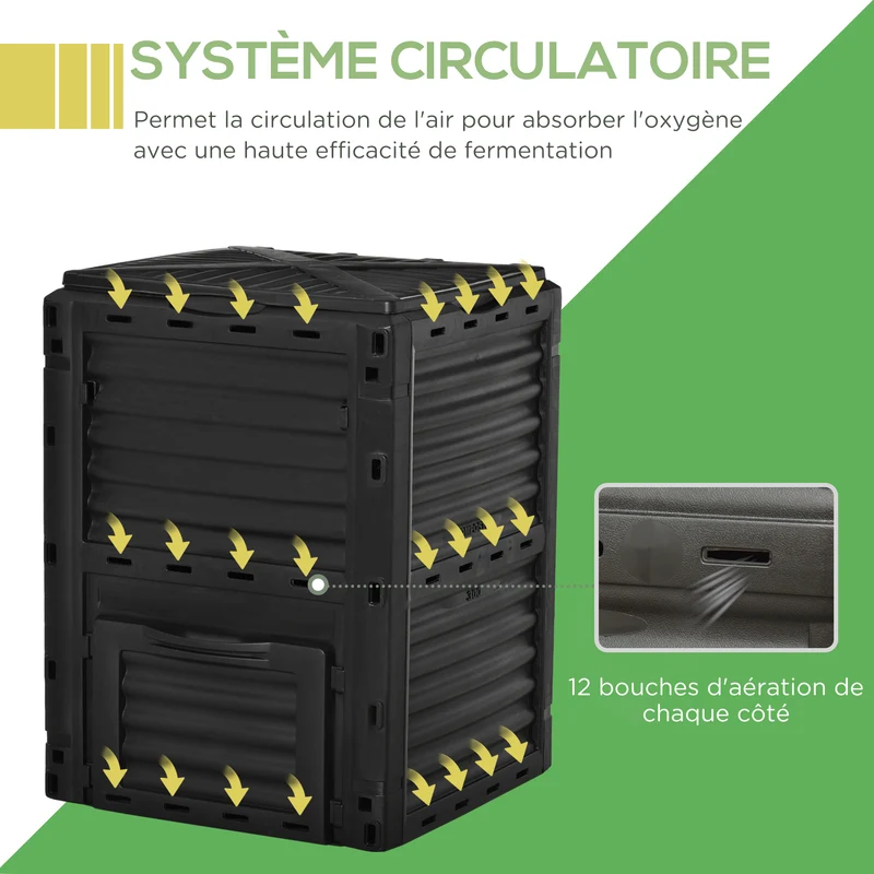 Composteur de jardin 300 l 60.5 x 60.5 x 81.5 cm aération optimisée récupération facile sécurisé design épuré en PP noir 21_0004201