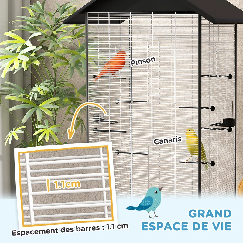 Cage à oiseaux sur pied intérieure 79 x 65 x 155 cm mobilité sur roulettes nettoyage facile contemporain en acier noir 21_0007592