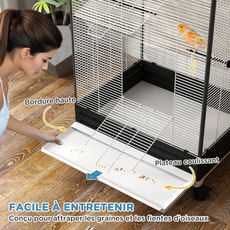 Cage à oiseaux sur pied intérieure 79 x 65 x 155 cm mobilité sur roulettes nettoyage facile contemporain en acier noir 21_0007592