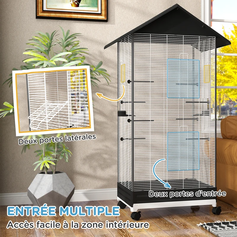 Cage à oiseaux sur pied intérieure 79 x 65 x 155 cm mobilité sur roulettes nettoyage facile contemporain en acier noir 21_0007592