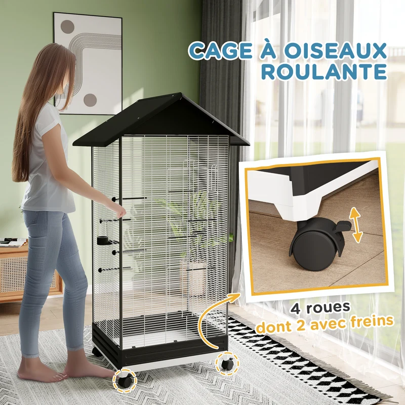 Cage à oiseaux sur pied intérieure 79 x 65 x 155 cm mobilité sur roulettes nettoyage facile contemporain en acier noir 21_0007592