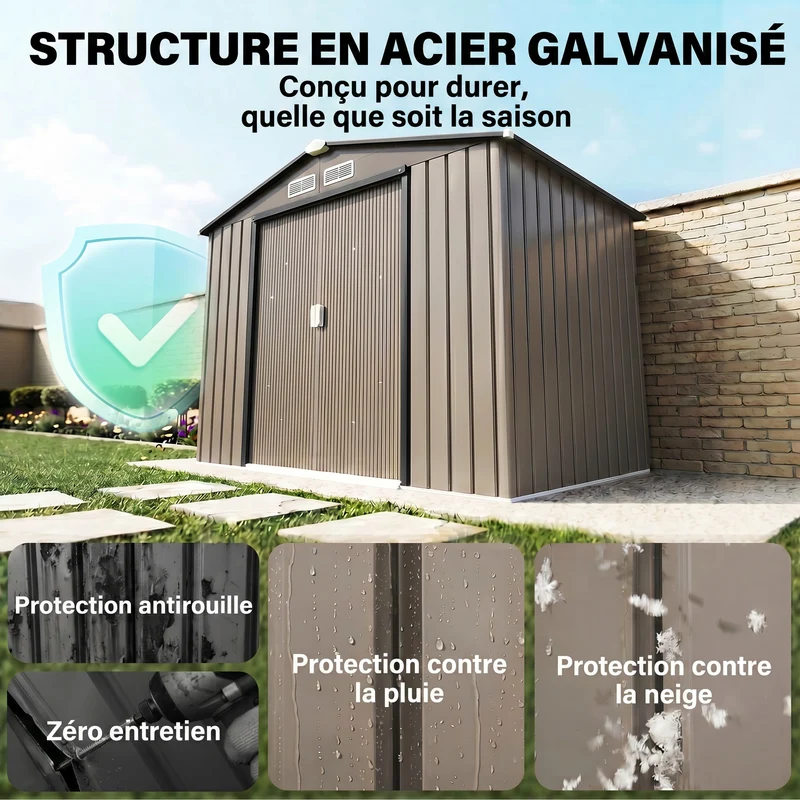 Abri de jardin 213 x 130 x 185 cm capacité porte coulissante ventilation optimisée style industriel en acier marron 21_0004028