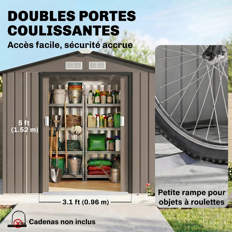Abri de jardin 213 x 130 x 185 cm capacité porte coulissante ventilation optimisée style industriel en acier marron 21_0004028