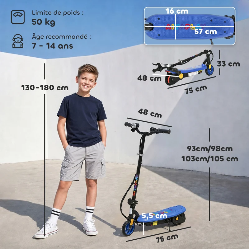 Trottinette électrique enfant pliable 75 x 48 x 93 cm guidon réglable autonomie 10 km moderne design en métal bleu 21_0006950