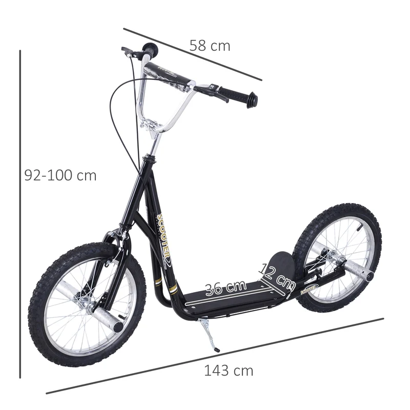 Trottinette grandes roues enfants adultes 143 x 58 x 100 cm guidon réglable plateau antidérapant moderne en acier noir 21_0000673