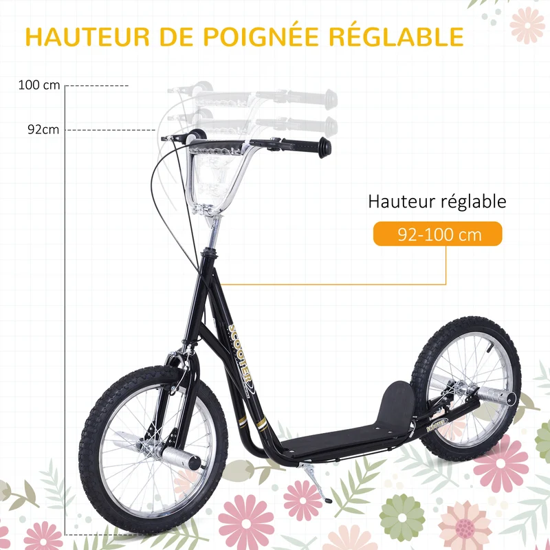 Trottinette grandes roues enfants adultes 143 x 58 x 100 cm guidon réglable plateau antidérapant moderne en acier noir 21_0000673