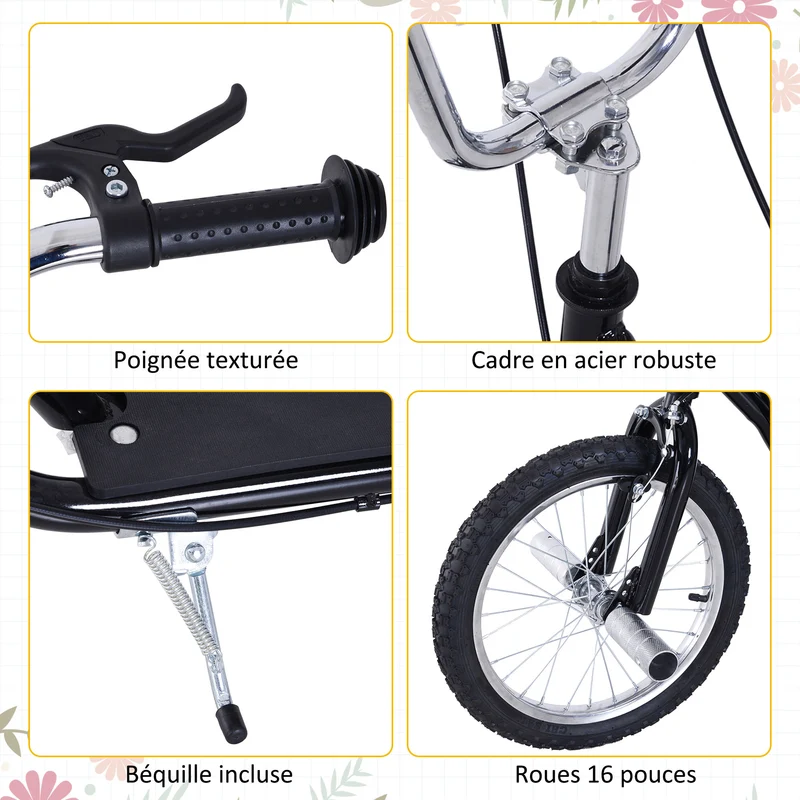 Trottinette grandes roues enfants adultes 143 x 58 x 100 cm guidon réglable plateau antidérapant moderne en acier noir 21_0000673