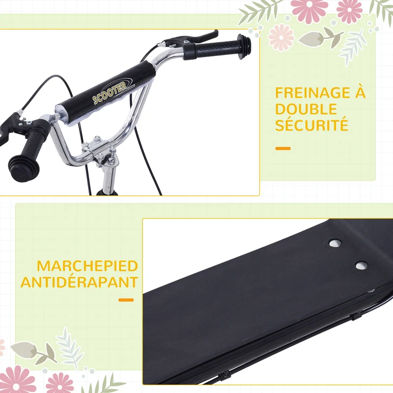 Trottinette grandes roues enfants adultes 143 x 58 x 100 cm guidon réglable plateau antidérapant moderne en acier noir 21_0000673