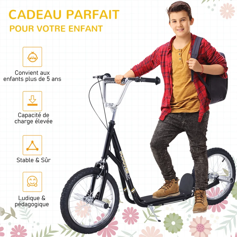 Trottinette grandes roues enfants adultes 143 x 58 x 100 cm guidon réglable plateau antidérapant moderne en acier noir 21_0000673