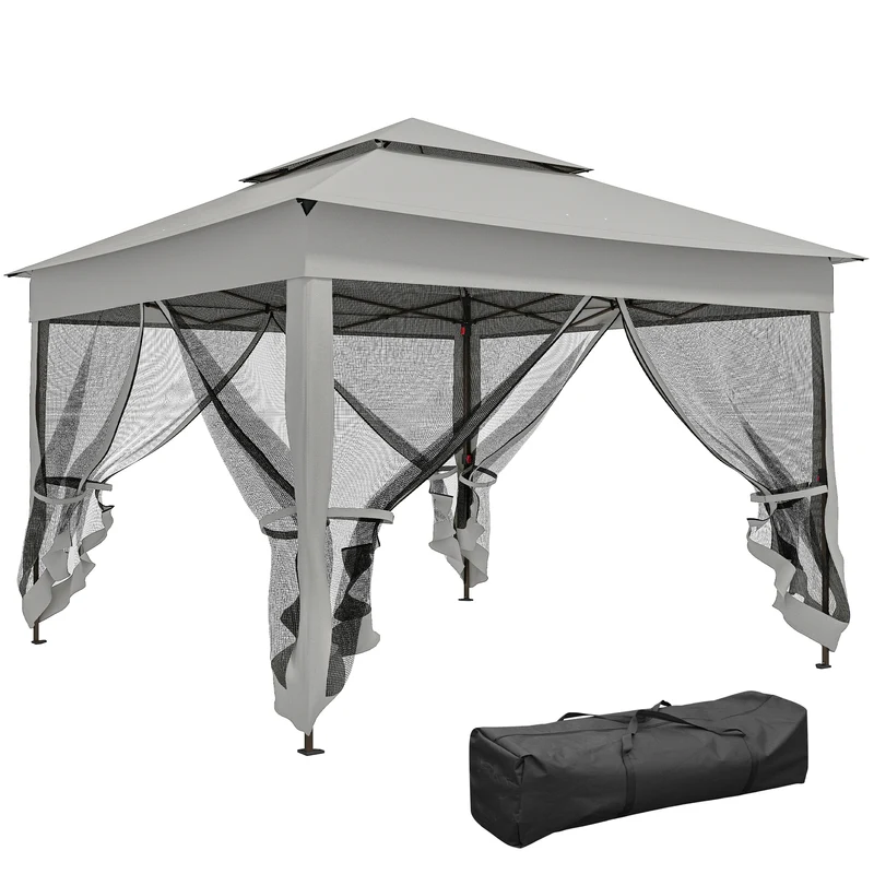 Tonnelle pliante de jardin 325 x 325 x 270 cm anti uv moustiquaires amovibles moderne finition mate en polyester gris 21_0003837