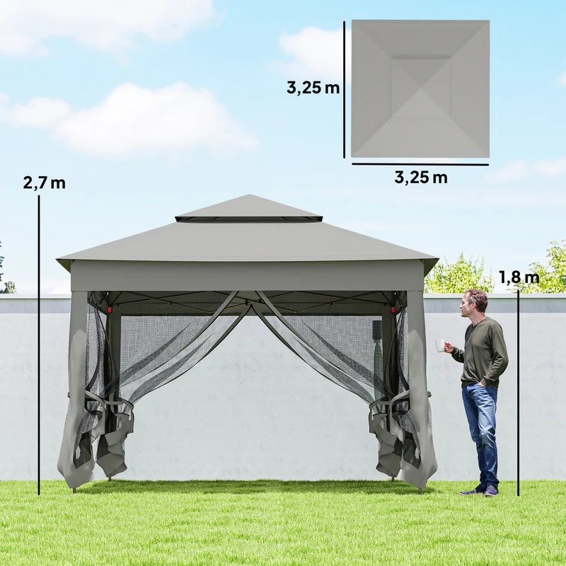 Tonnelle pliante de jardin 325 x 325 x 270 cm anti uv moustiquaires amovibles moderne finition mate en polyester gris 21_0003837