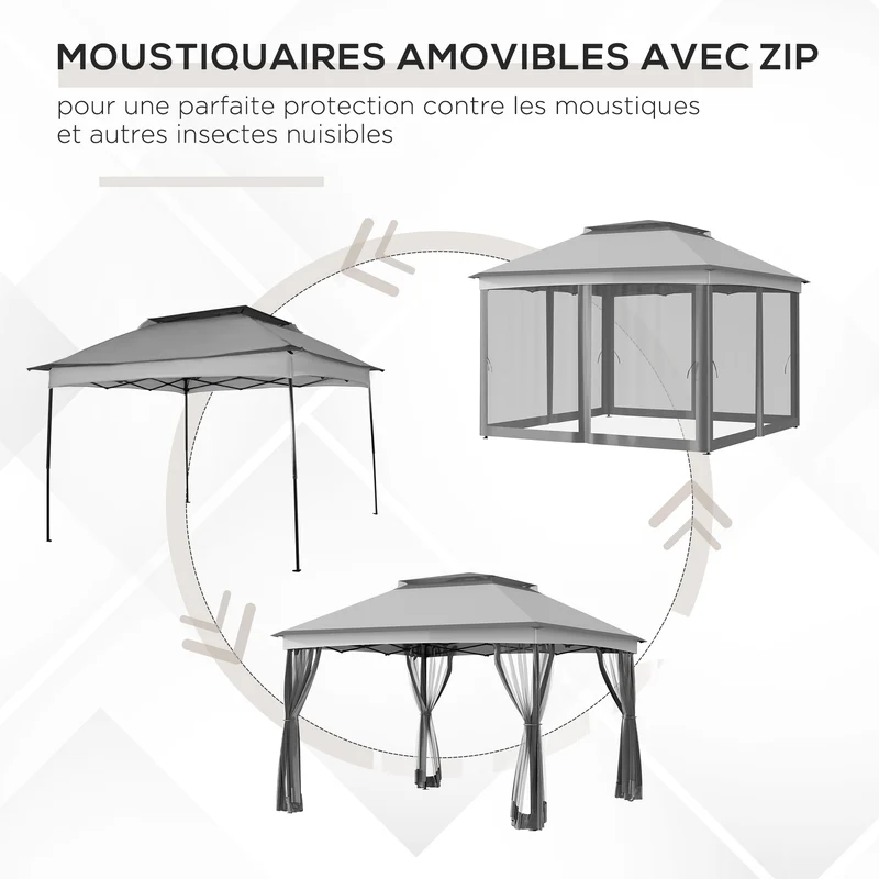 Tonnelle pliante de jardin 325 x 325 x 270 cm anti uv moustiquaires amovibles moderne finition mate en polyester gris 21_0003837