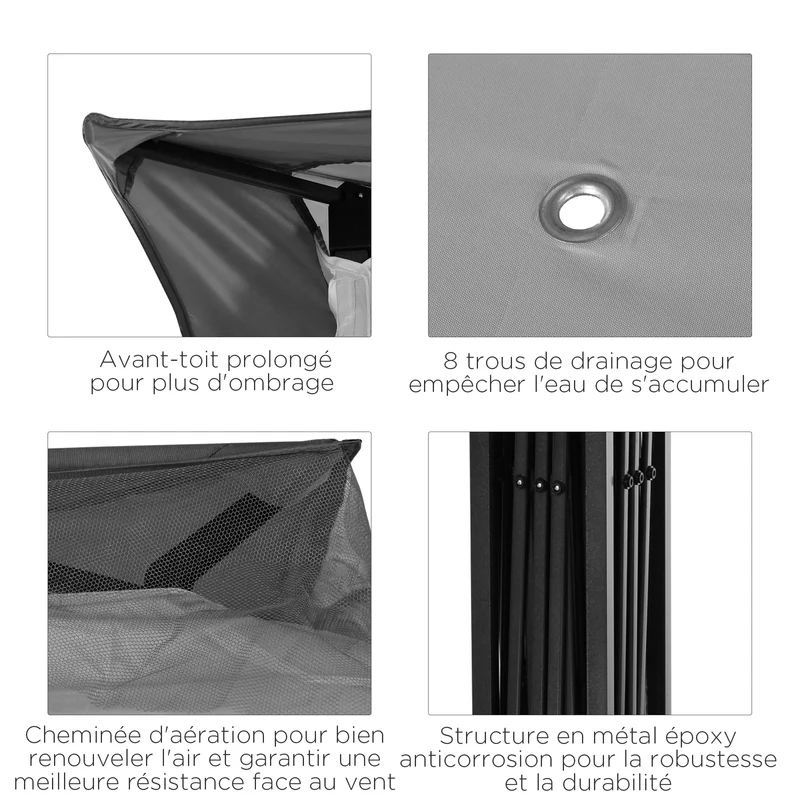 Tonnelle pliante de jardin 325 x 325 x 270 cm anti uv moustiquaires amovibles moderne finition mate en polyester gris 21_0003837
