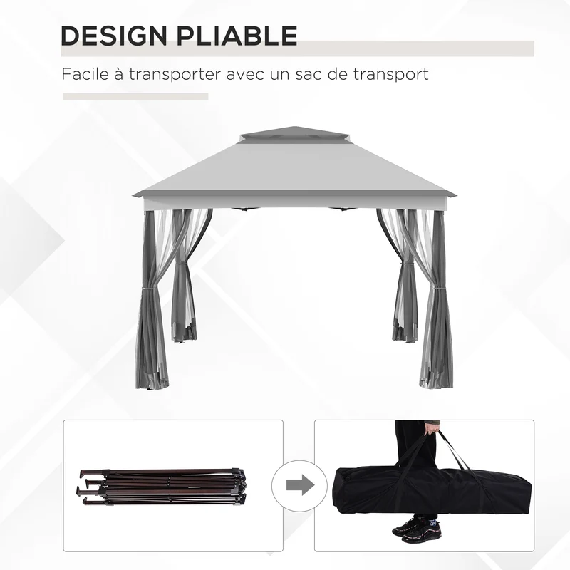Tonnelle pliante de jardin 325 x 325 x 270 cm anti uv moustiquaires amovibles moderne finition mate en polyester gris 21_0003837