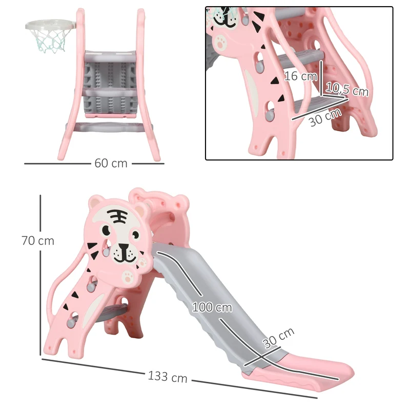 Toboggan intérieur 133 x 60 x 70 cm antidérapant léger panier de basket intégré thème tigre ludique en polyéthylène rose 21_0000297