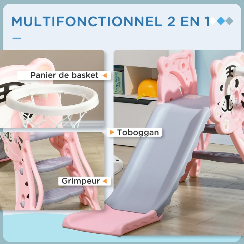 Toboggan intérieur 133 x 60 x 70 cm antidérapant léger panier de basket intégré thème tigre ludique en polyéthylène rose 21_0000297