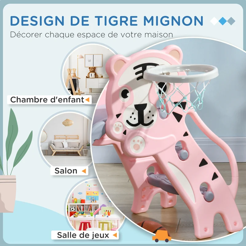 Toboggan intérieur 133 x 60 x 70 cm antidérapant léger panier de basket intégré thème tigre ludique en polyéthylène rose 21_0000297