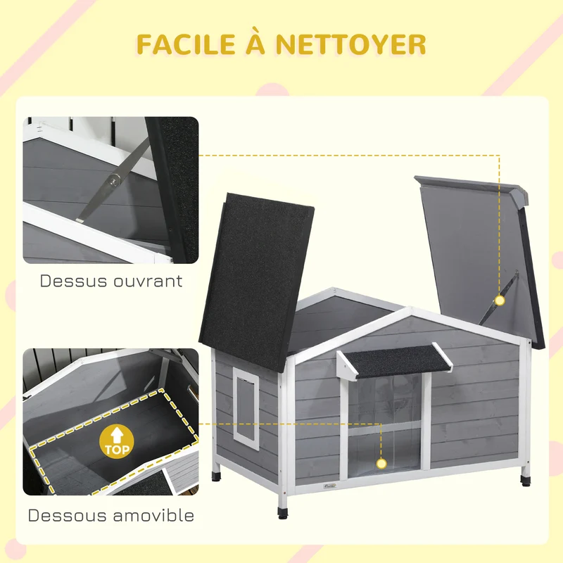 Niche pour chien sur pied style cottage 109 x 79 x 72 cm toit ouvrant étanche plancher amovible rustique en bois gris 21_0007299