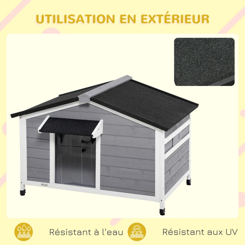Niche pour chien sur pied style cottage 109 x 79 x 72 cm toit ouvrant étanche plancher amovible rustique en bois gris 21_0007299