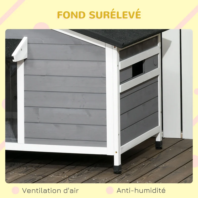 Niche pour chien sur pied style cottage 109 x 79 x 72 cm toit ouvrant étanche plancher amovible rustique en bois gris 21_0007299