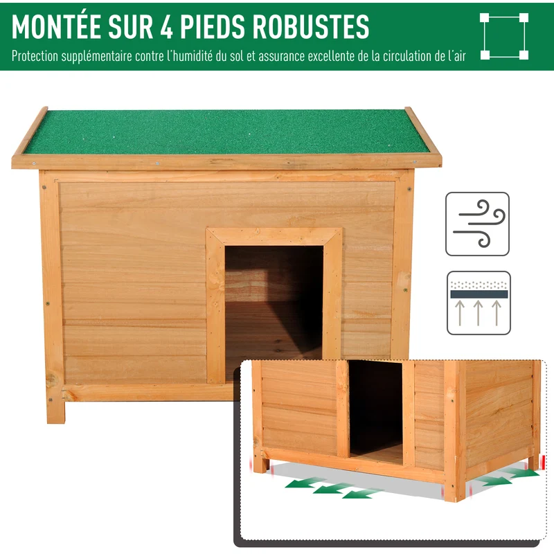Niche pour chien sur pied 85 x 58 x 58 cm toit ouvrant imperméable surélevée isolation thermique rustique en bois marron 21_0007279