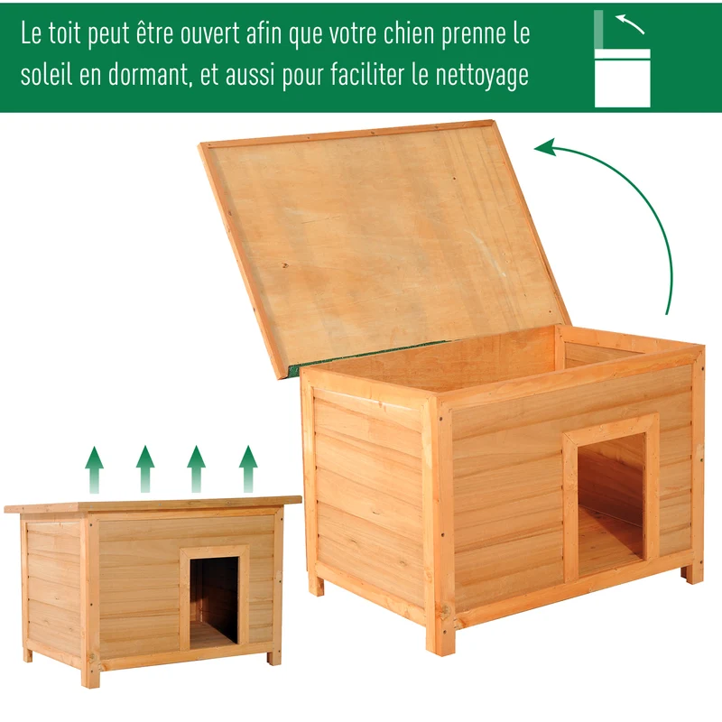 Niche pour chien sur pied 85 x 58 x 58 cm toit ouvrant imperméable surélevée isolation thermique rustique en bois marron 21_0007279