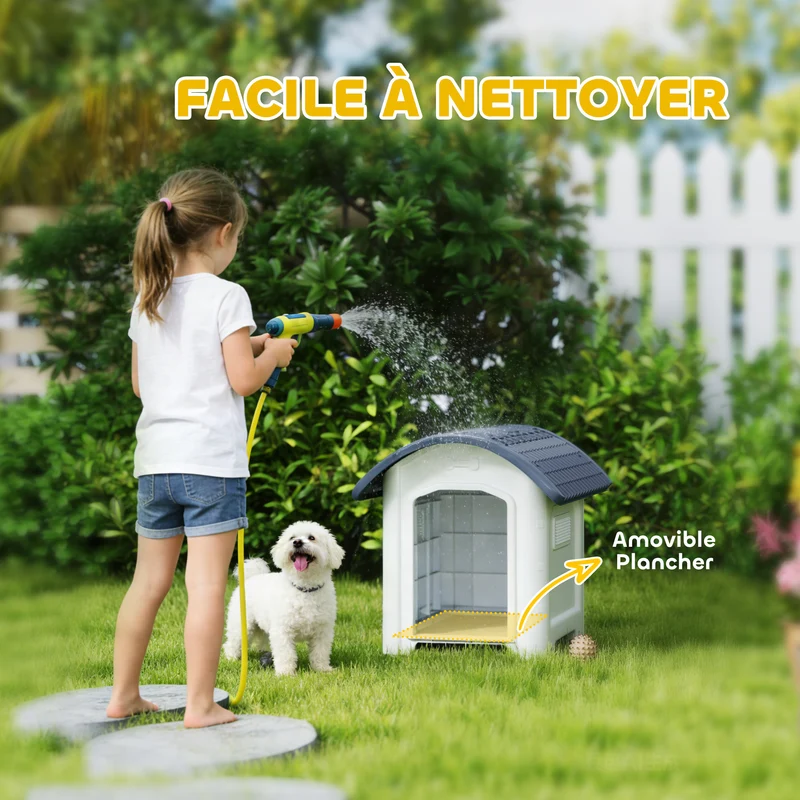 Niche pour chien d'extérieur abri surélevé 71 x 60 x 63 cm plancher amovible aération 3 côtés moderne en PP gris foncé 21_0007319