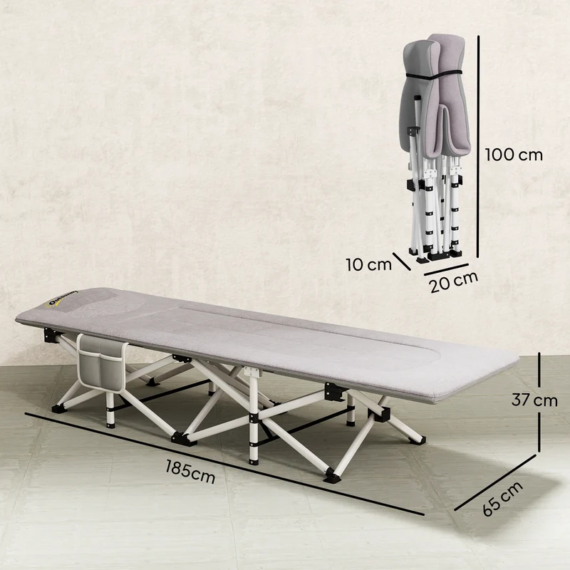 Lit de camping pliable 185 x 65 x 37 cm matelas en mousse appui-tête intégré douillet design minimaliste en acier gris 21_0006521