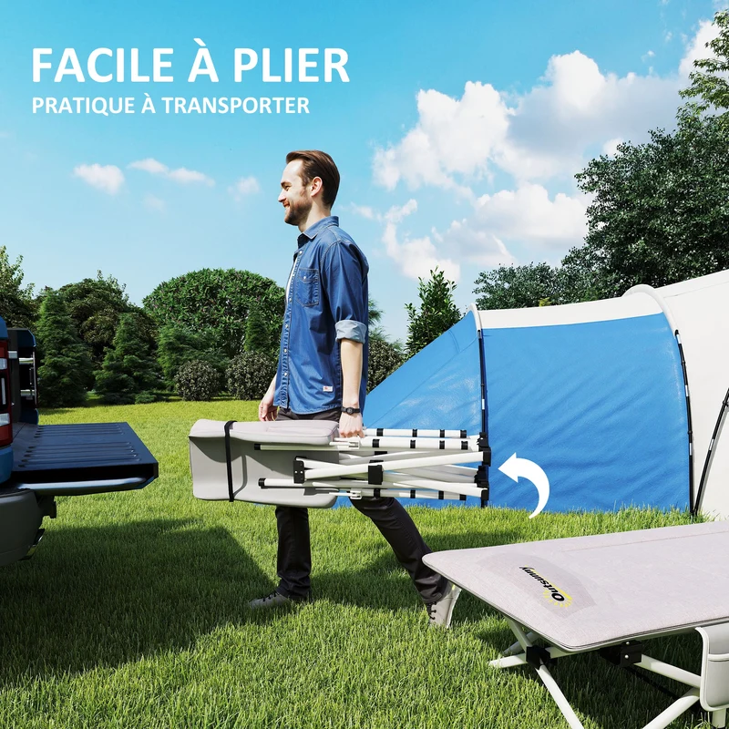 Lit de camping pliable 185 x 65 x 37 cm matelas en mousse appui-tête intégré douillet design minimaliste en acier gris 21_0006521