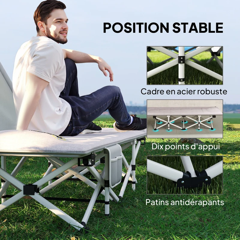 Lit de camping pliable 185 x 65 x 37 cm matelas en mousse appui-tête intégré douillet design minimaliste en acier gris 21_0006521