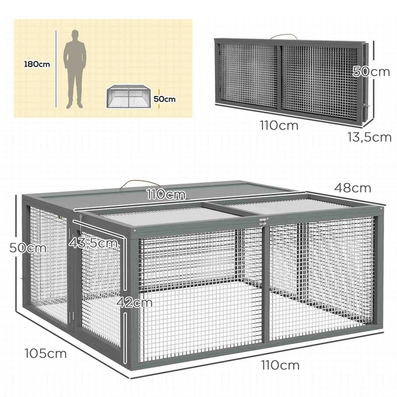 Clapier à lapin pliable intérieur extérieur 110 x 105 x 50 cm toit ouvrable poignée transport rustique en bois gris 21_0007985