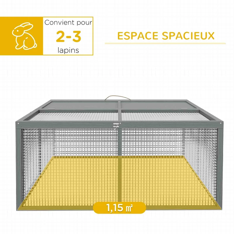 Clapier à lapin pliable intérieur extérieur 110 x 105 x 50 cm toit ouvrable poignée transport rustique en bois gris 21_0007985