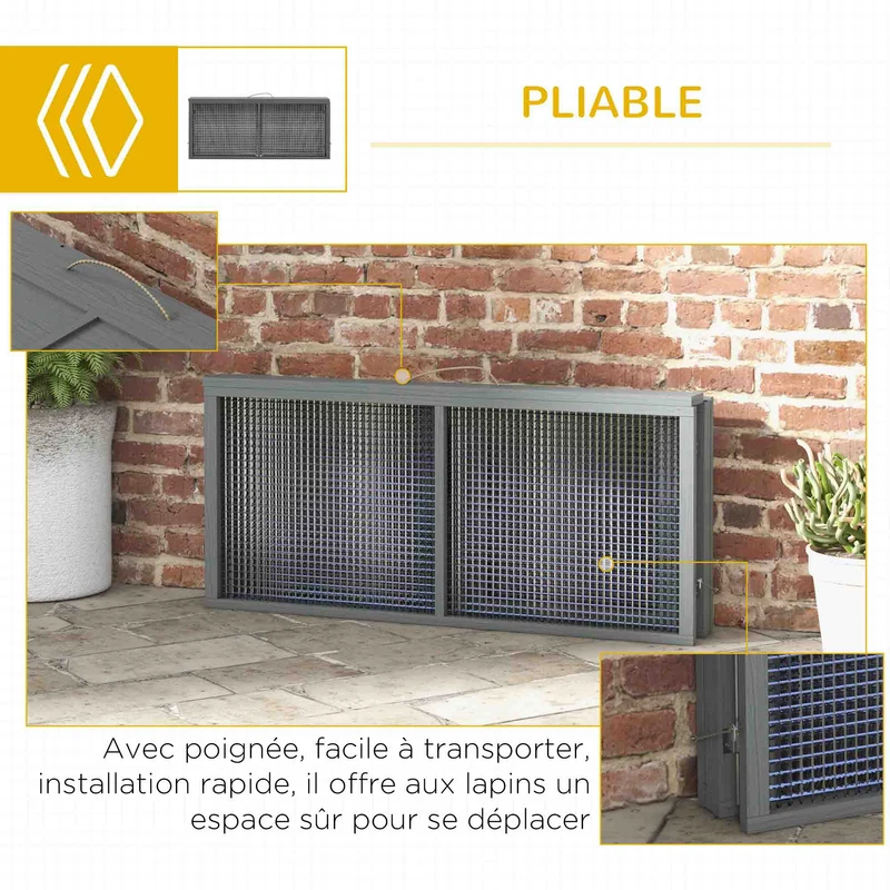Clapier à lapin pliable intérieur extérieur 110 x 105 x 50 cm toit ouvrable poignée transport rustique en bois gris 21_0007985