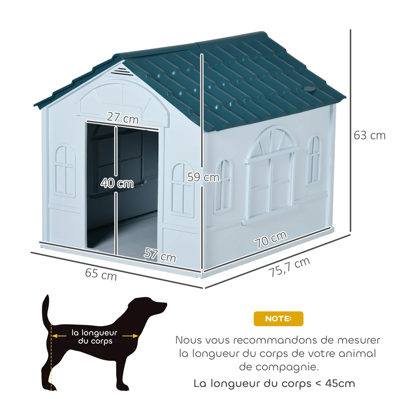 Niche pour chien 65 x 75,7 x 63 cm entrée large résistant aux intempéries entretien facile rustique tendance en PP blanc 21_0007291