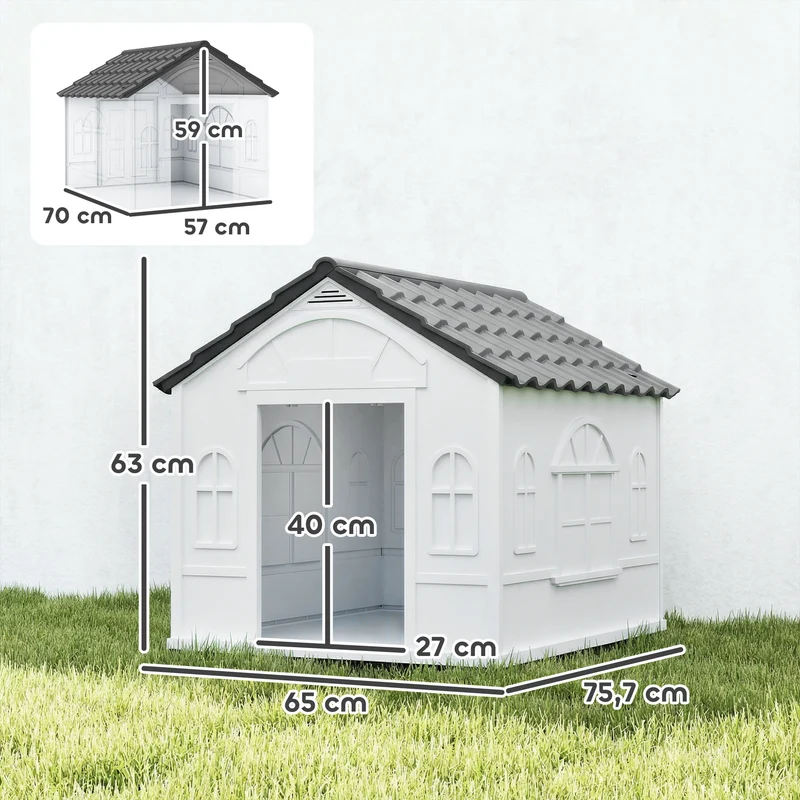 Niche d'extérieur pour chiens petite et moyenne taille 65 x 75.7 x 63 cm porte large aération design pratique en PP gris 21_0007292