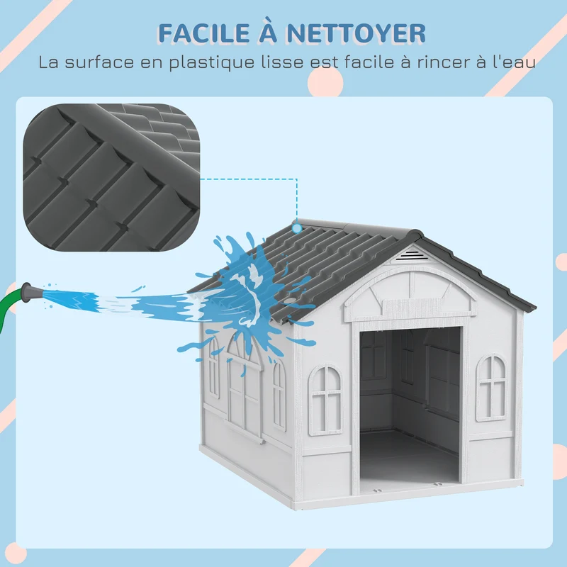 Niche d'extérieur pour chiens petite et moyenne taille 65 x 75.7 x 63 cm porte large aération design pratique en PP gris 21_0007292