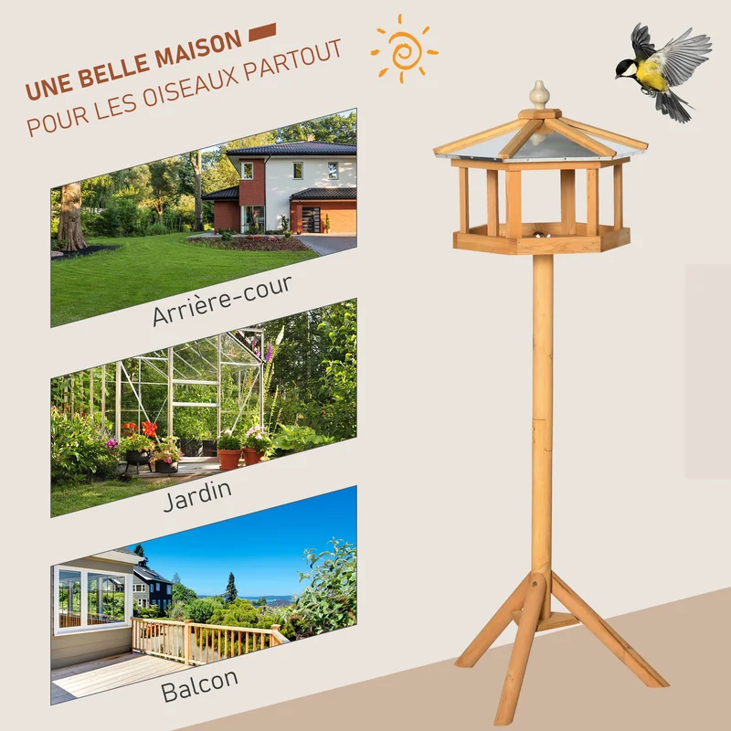 Mangeoire pour oiseaux sur pied plateau nourrissage 40 x 40 x 113 cm plateforme toit amovible rustique en bois marron 21_0007607