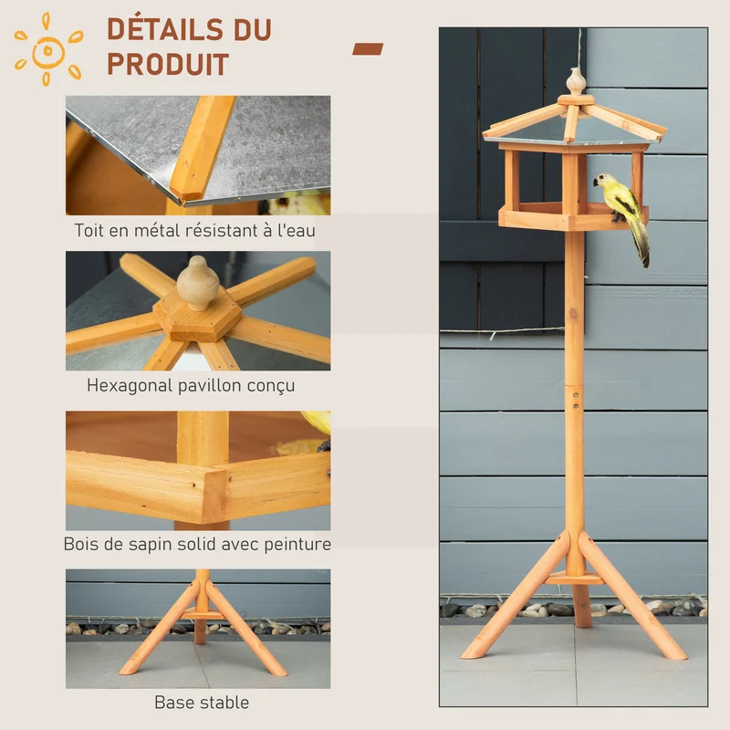 Mangeoire pour oiseaux sur pied plateau nourrissage 40 x 40 x 113 cm plateforme toit amovible rustique en bois marron 21_0007607