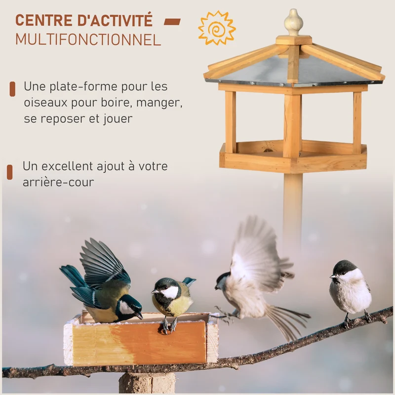 Mangeoire pour oiseaux sur pied plateau nourrissage 40 x 40 x 113 cm plateforme toit amovible rustique en bois marron 21_0007607