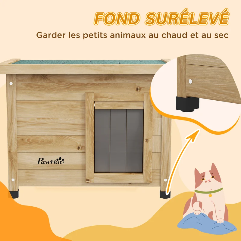 Maison pour chats niche extérieure surélevée 57 x 45 x 43 cm abri isolé toit asphalte rustique jardin en bois jaune 21_0007709