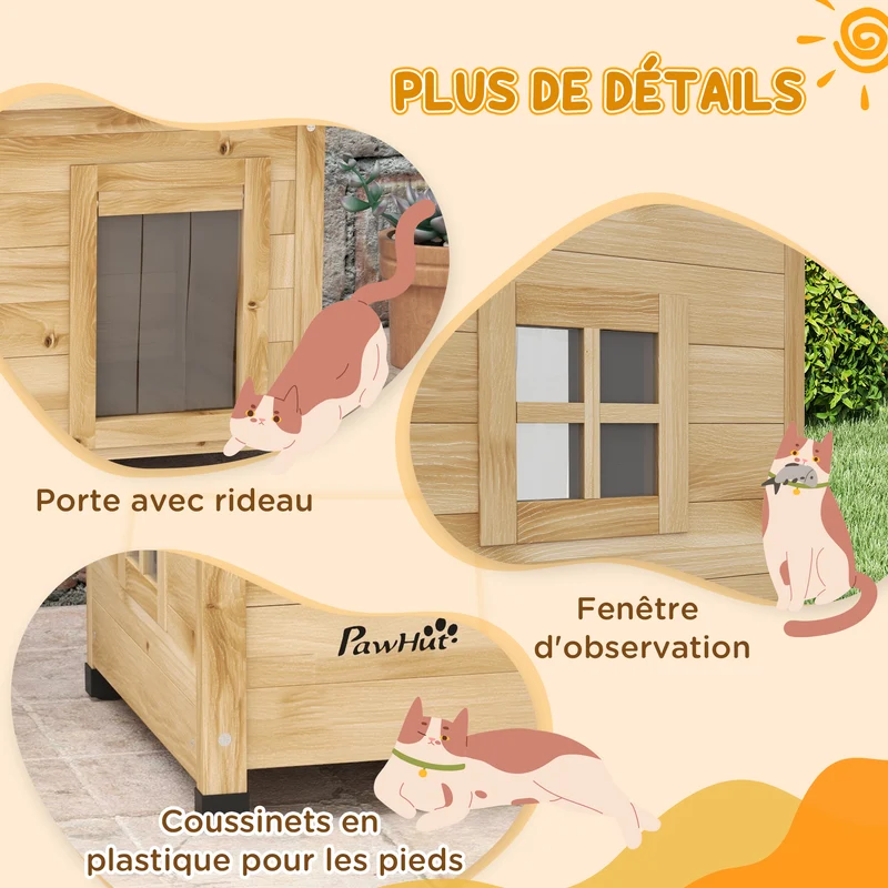 Maison pour chats niche extérieure surélevée 57 x 45 x 43 cm abri isolé toit asphalte rustique jardin en bois jaune 21_0007709
