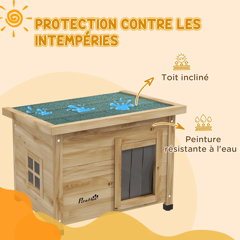 Maison pour chats niche extérieure surélevée 57 x 45 x 43 cm abri isolé toit asphalte rustique jardin en bois jaune 21_0007709
