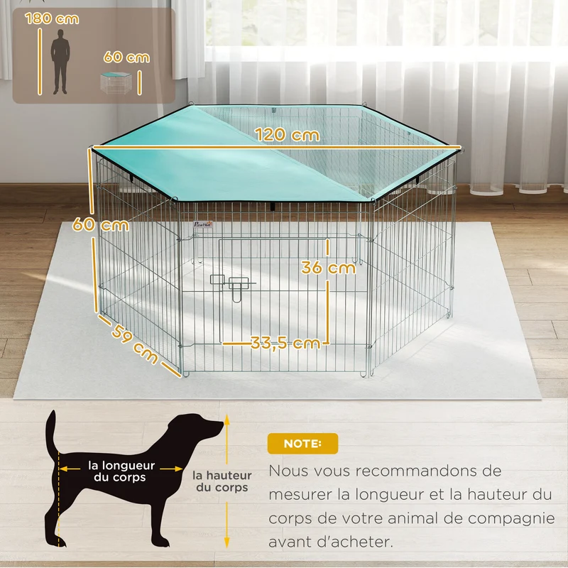 Enclos pour chien modulable hexagonal 120 x 120 x 60 cm porte verrouillable pliable moderne industriel en métal argent 21_0007400