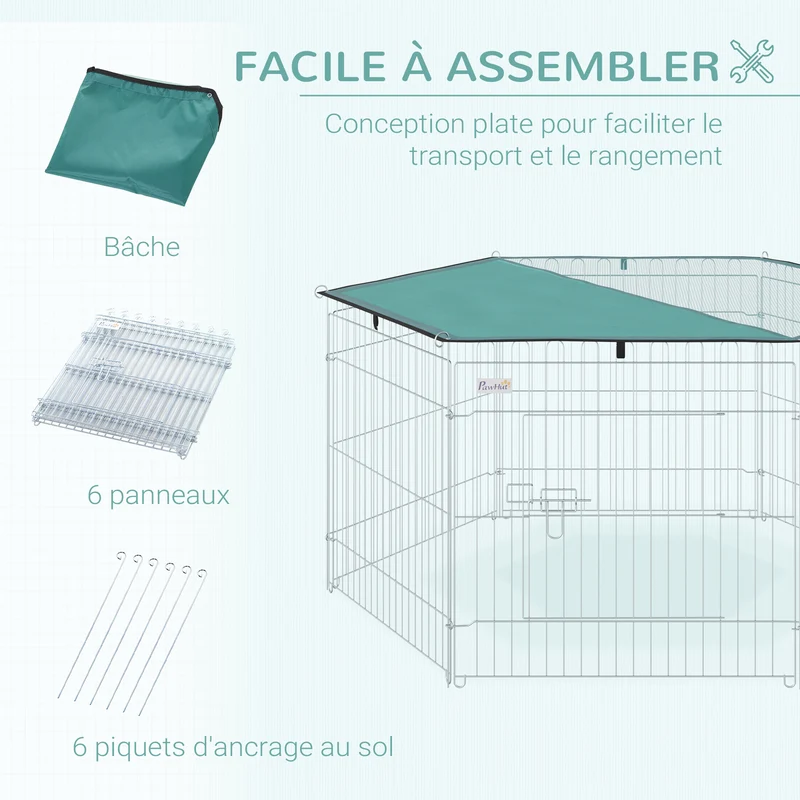 Enclos pour chien modulable hexagonal 120 x 120 x 60 cm porte verrouillable pliable moderne industriel en métal argent 21_0007400