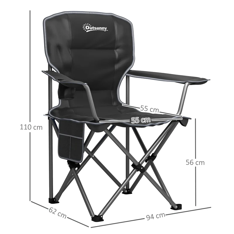Chaise de camping pliante 94 x 62 x 110 cm portable porte-gobelet poche latérale utile moderne en tissu oxford 600d noir 21_0006551