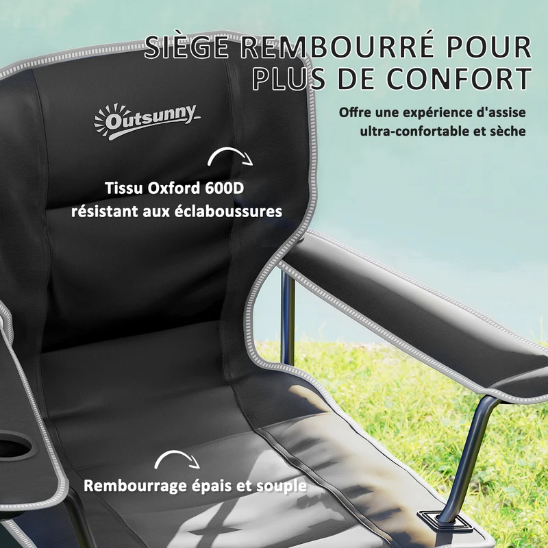 Chaise de camping pliante 94 x 62 x 110 cm portable porte-gobelet poche latérale utile moderne en tissu oxford 600d noir 21_0006551