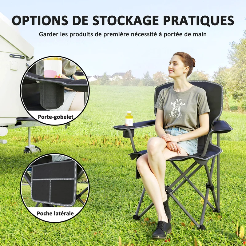 Chaise de camping pliante 94 x 62 x 110 cm portable porte-gobelet poche latérale utile moderne en tissu oxford 600d noir 21_0006551