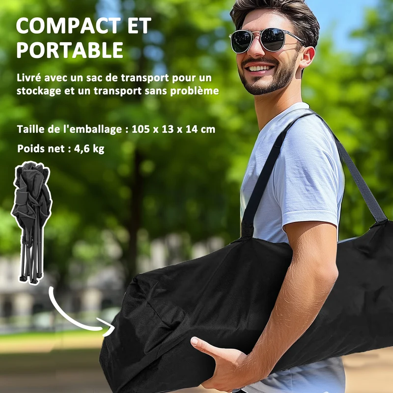 Chaise de camping pliante 94 x 62 x 110 cm portable porte-gobelet poche latérale utile moderne en tissu oxford 600d noir 21_0006551