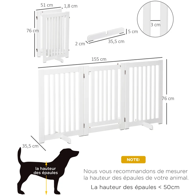 Barrière de sécurité pour chien intérieur 155 x 35,5 x 76 cm porte verrouillable pliable moderne épuré en MDF blanc 21_0007388