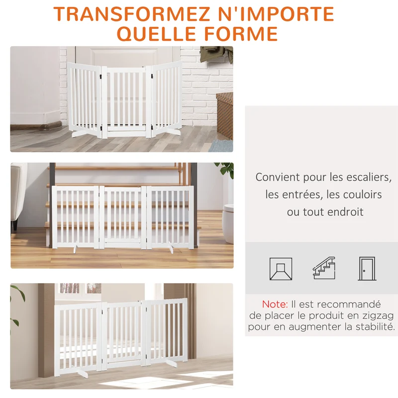 Barrière de sécurité pour chien intérieur 155 x 35,5 x 76 cm porte verrouillable pliable moderne épuré en MDF blanc 21_0007388